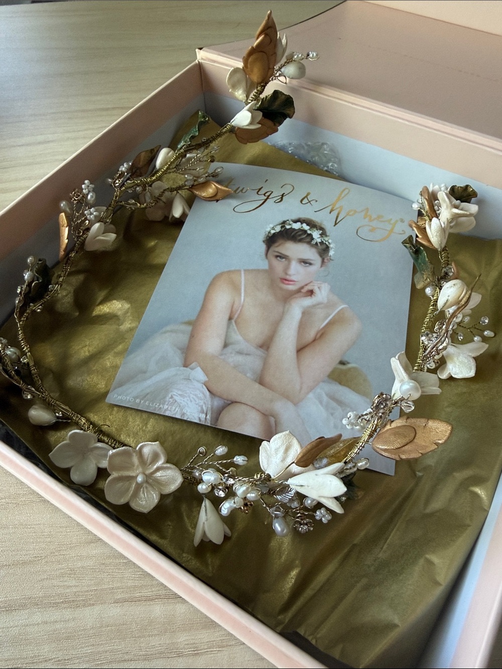 Twigs and Honey Bridal Floral Halo Headpiece in Ivory and Gold
